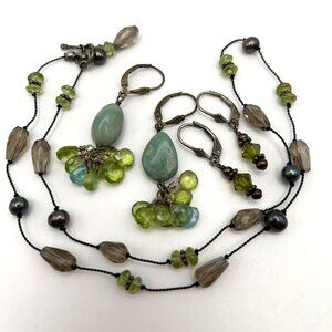 Artisan Gemstone Jewelry Set Necklace 2 Pairs Earrings Peridot Amethyst 16 in
